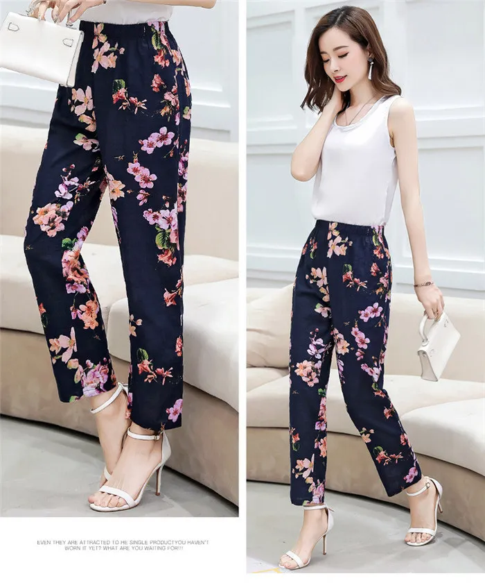 Летние женские брюки корейские хлопковые льняные клетчатые брюки с эластичной талией повседневные Прямые брюки с высокой талией брюки размера плюс XL-5XL