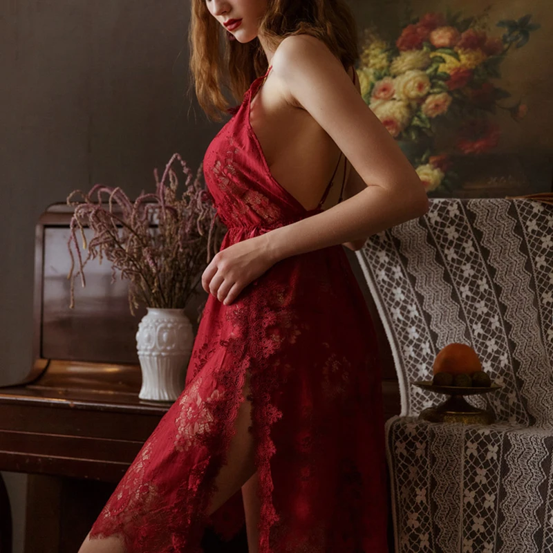 Sexy Mousse Deep V Nightgown Thong Sets Sexy Lace Sleep Wear Wedding Use Hollow Out Sleeveless Backless See Through Embroidery