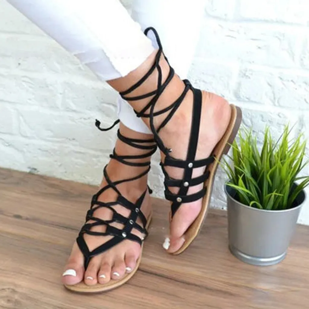 

Summer Roman Sandals Multiple Cross-Strap tall knee high Bondage Thong Nubuck Women Sandals Flip flops Black Apricot