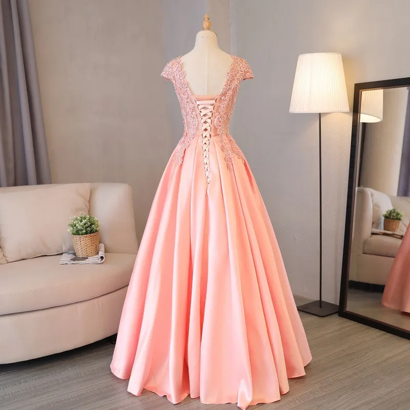 Розовые кружевные вечерние платья с v-образным вырезом и аппликацией; элегантные вечерние платья; robe demoisie d'honneur pour femme