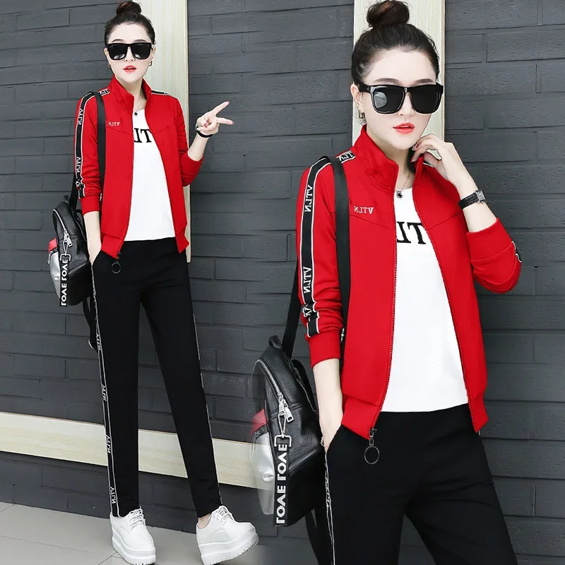 

3pcs Spring Women Sportswear Tracksuit Zip Up Jacket Sweater+Tshirts+pants Running Jogger Exercise Workout Outfit Set Sport Suit