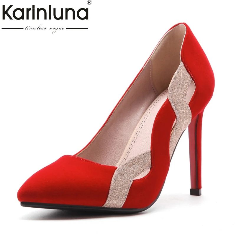 

Karinluna Women's Thin High Heel Pointed Toe Color Mixed Party Wedding Shoes Woman Less Platform Pumps Big Size 33-43