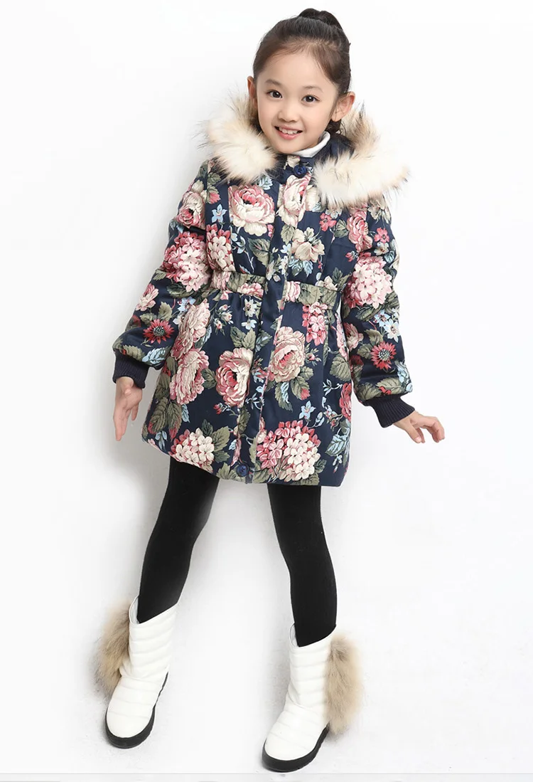 Зимние куртки для девочек детские пальто с капюшоном и мехом с цветочным рисунком модные детские парки из хлопка, верхняя одежда длинная теплая ветровка