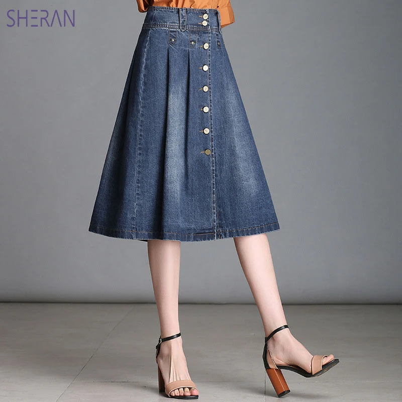 knee length blue jean skirts