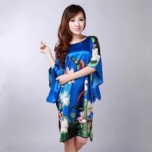 Plus Size Blue Chinese Women’s Faux Silk Robe Dress Nightgown Sexy Summer Sleepshirts New Style Sleepwear Mujer Pijama A120