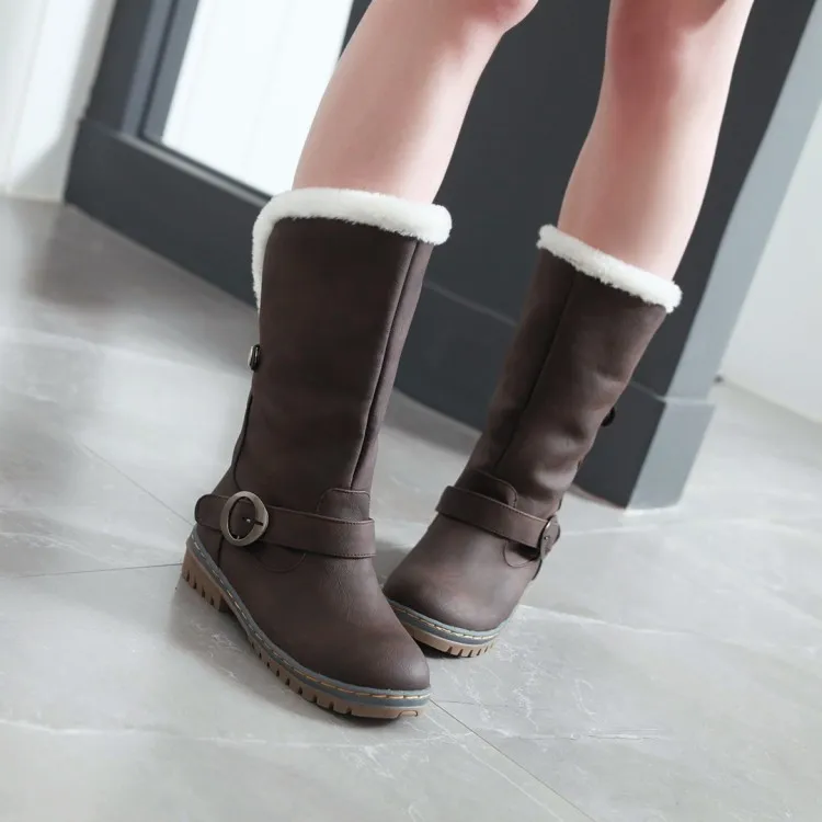 

Big Size 11 12 13 14 15 European and American wind round head square heel waterproof platform belt buckle boots to keep warm