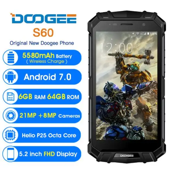 Doogee S60 5 2 &quotБеспроводной зарядки Helio P25 Восьмиядерный 6 ГБ Оперативная память 64 Гб