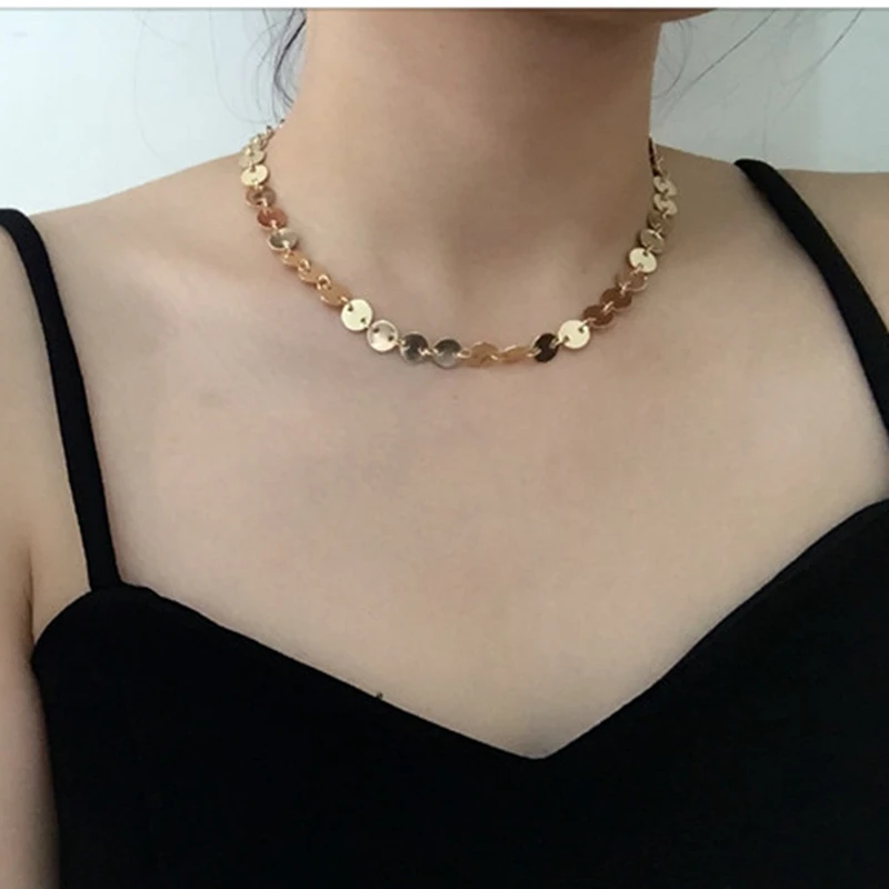 

2017 New Charm Simple Vintage Gold Color Shining Sequin Necklace Disc Sheet Choker Collar Chain For Women Gift Jewelry BX100