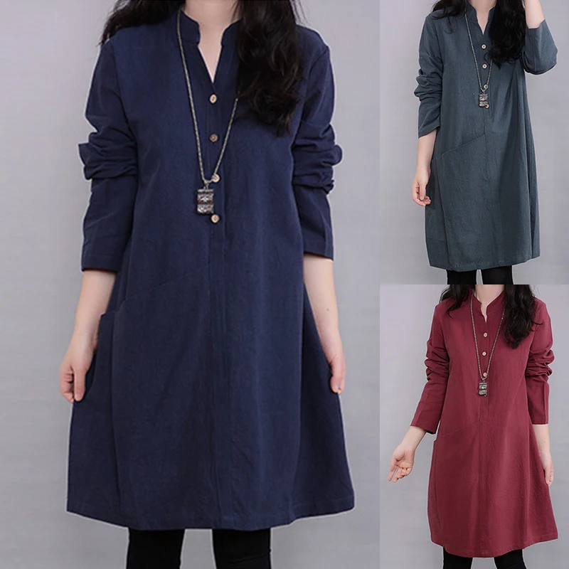 Cotton Linen Women's Long Sleeve Dress Ladies Solid Casual Loose Party Dress New