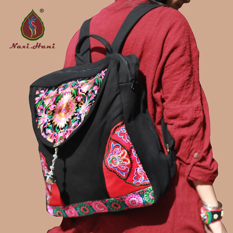 Новейший Hmong вышитый женский рюкзак черный холст этнический Повседневный дорожный рюкзак модные старинные сумки для компьютера