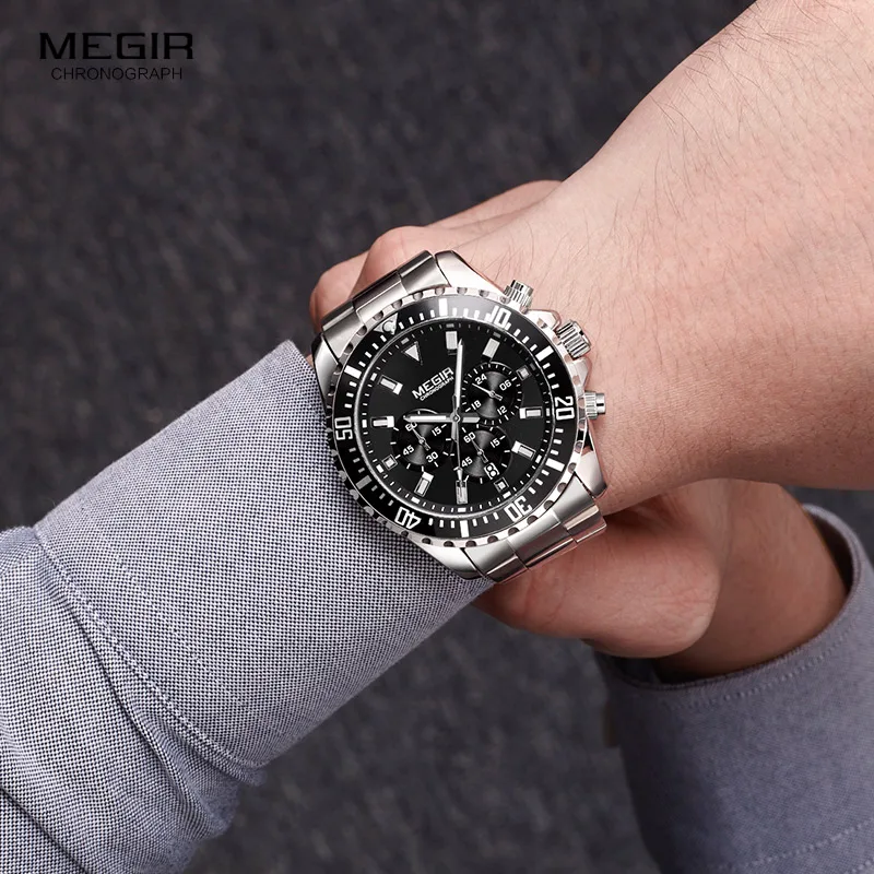 MEGIR Top Luxury Brand Watch Men Analog Chronograph Quartz Wrist Watch Full Stainless Steel Band Wristwatch Auto Date