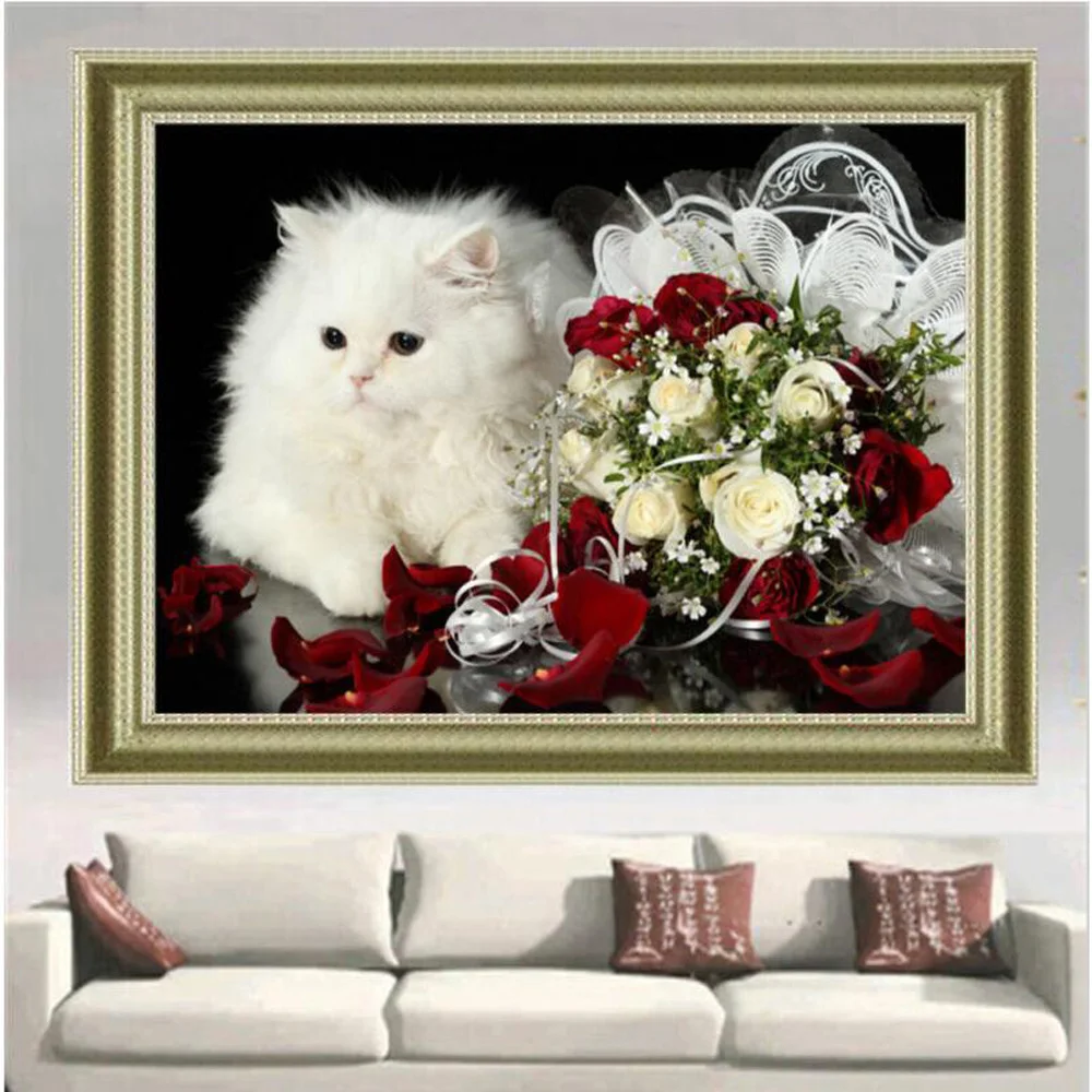 

Diamond Mosaic Cat roses Handmade 100% DIY 5D Diamond Painting Cross Stitch Kits Diamond Embroidery Patterns Rhinestones KL466