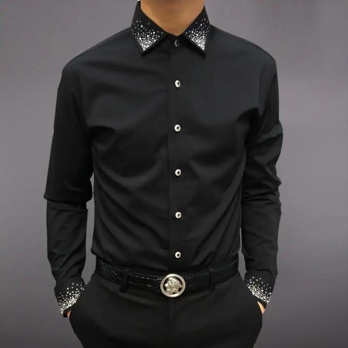 Модные брендовые повседневные мужские рубашки Бизнес Slim Fit черный и белый сценический Мужской рубашка для певца мужские для певицы для сцены - Цвет: Черный