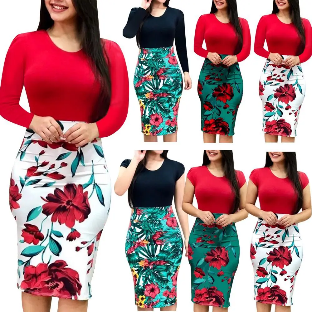 

Large size dress women's autumn and American color matching flowers package hip fashion sexy print princess dress
