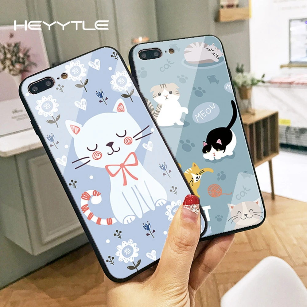 Heyytle Cute Cat Pattern Phone Case For iPhone X 8 7 6 6s Plus Cases Couple Tempered Glass Cover Anti-fall Cartoon Shell |