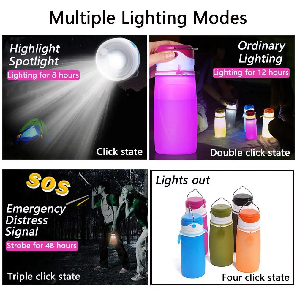 Collapsible Water Bottles with USB Rechargeable LED Light,550ml Foldable Bottle,New Favourite for Outdoor Camping,Food Grade S