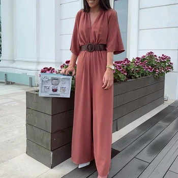 

2020 Women Jumpsuits Solid Casual Summer Beach Jumpsuit Rompers Short Sleeve V Neck Sexy Long Rompers With Belt