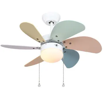 

Colorful Wooden Fan blade Ceiling Fans Glass Lampshade touch panel, pendant cord Switchs Kid's study room ceiling lamp fans