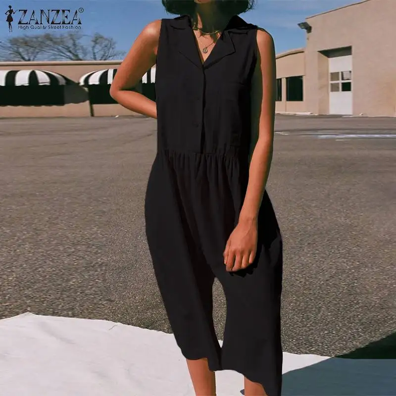 

Women's Jumpsuits 2019 ZANZEA Fashion Sleeveless Casual Button Rompers Cropped Trousers Plus Size Playsuits Linen Overalls S-5XL
