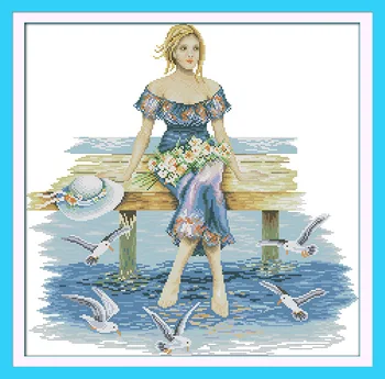

Beauty in the seaside Printed Canvas DMC Counted Chinese Cross Stitch Kits printed Cross-stitch set Embroidery Needlework