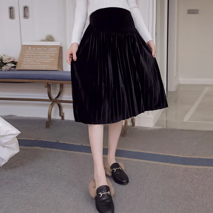 Materniry юбки с высокой талией, регулируемая Осенняя плиссированная юбка для беременных женщин, винтажная модная зимняя одежда для беременных - Цвет: Черный