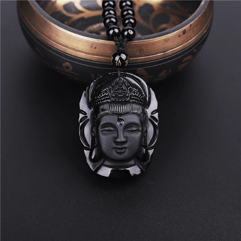 

Natural Black Obsidian Buddha head Drop Pendant Necklace Amulet Lucky Blessing Necklace Jewelry For Women Men
