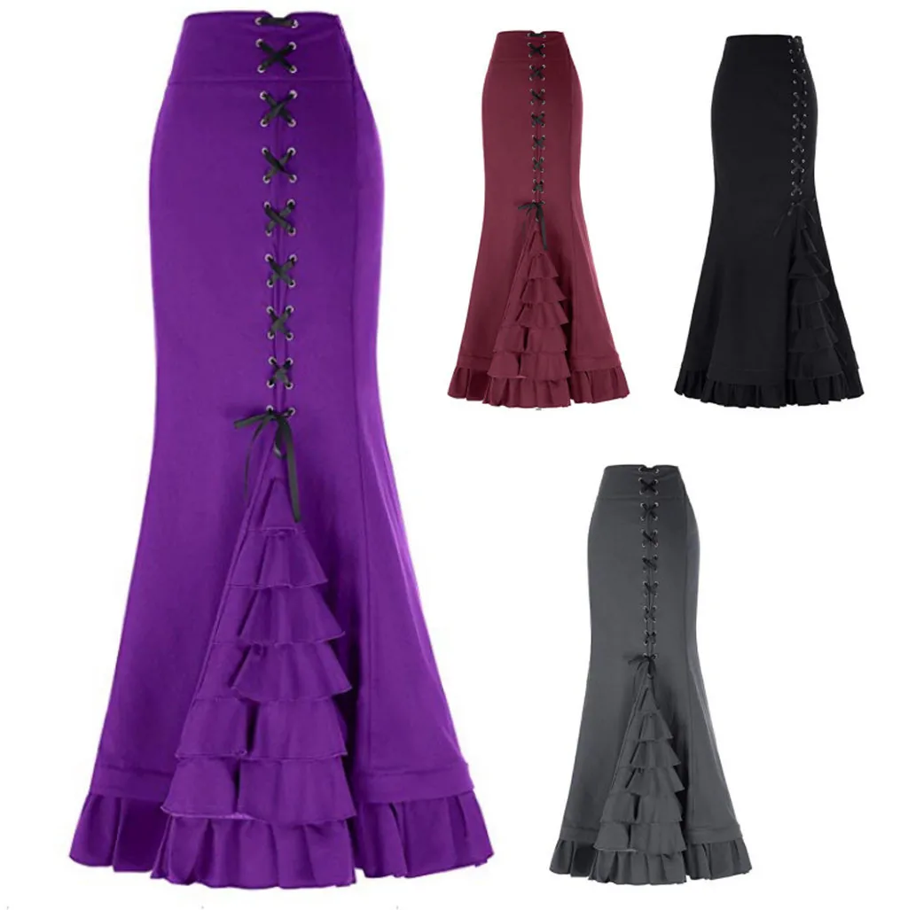Модная винтажная длинная юбка-русалка, одноцветная Женская Сексуальная кружевная макси юбка, облегающая тонкая элегантная длинная юбка