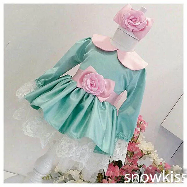 2016 Green flower girl dresses with Pink Bow baby 1 year Birthday Party Dress beauty toddler girl pageant dresses ball gowns