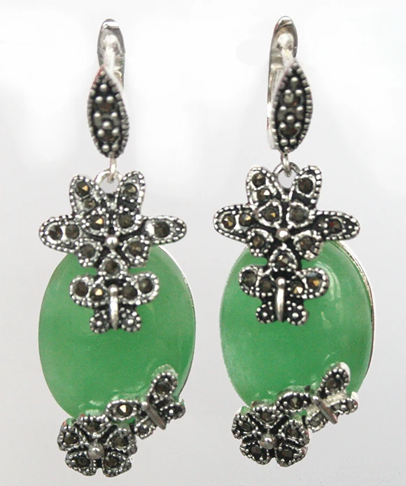 

NATURAL GREEN JADE 925 STERLING SILVER & MARCASITE FLOWER EARRINGS 11/2