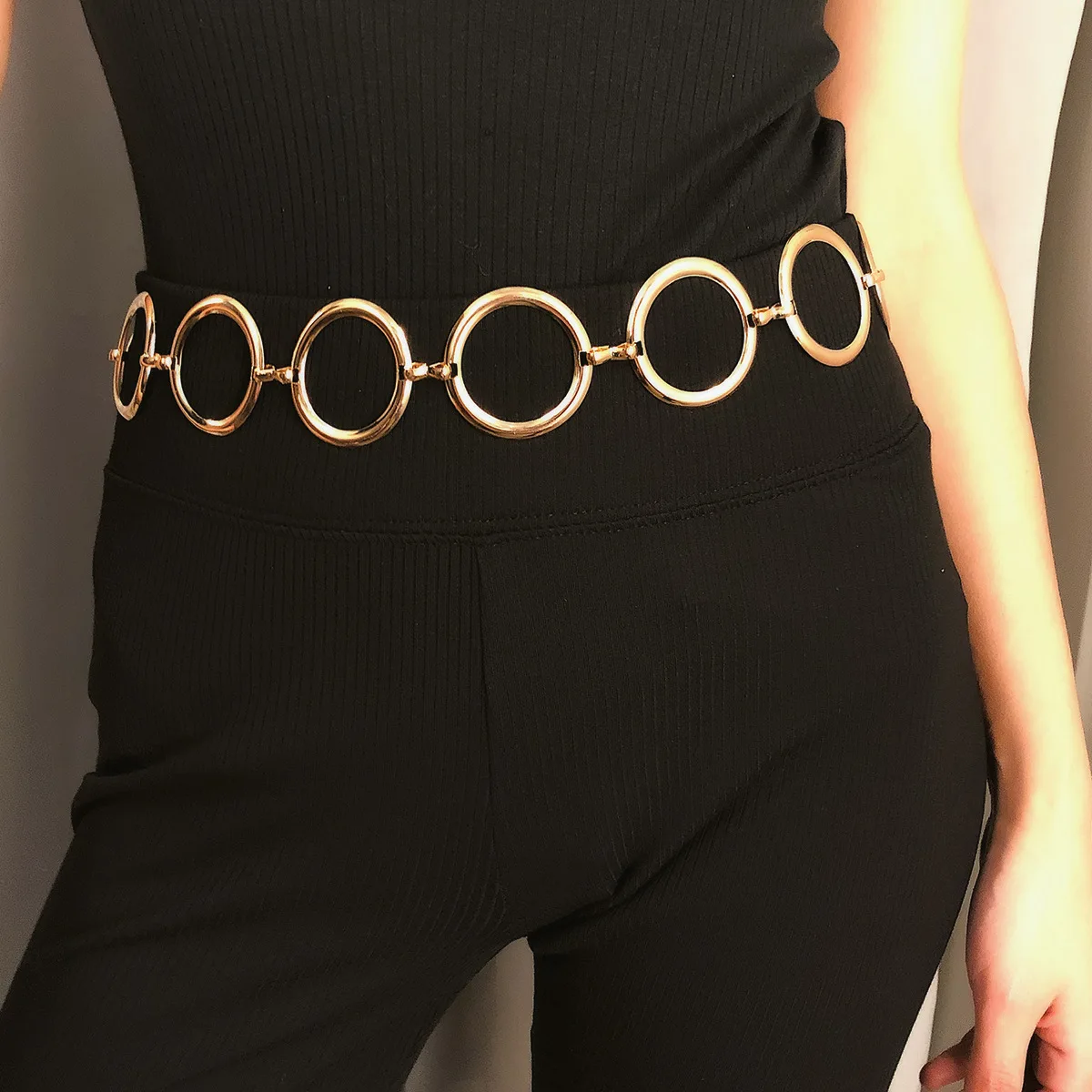 Ladies Geometric Long Belly Waist Chain Belt For Women  Fashion Female Personality Metal Gold Circle Chain Belt for Dress 132 gold belt for dress