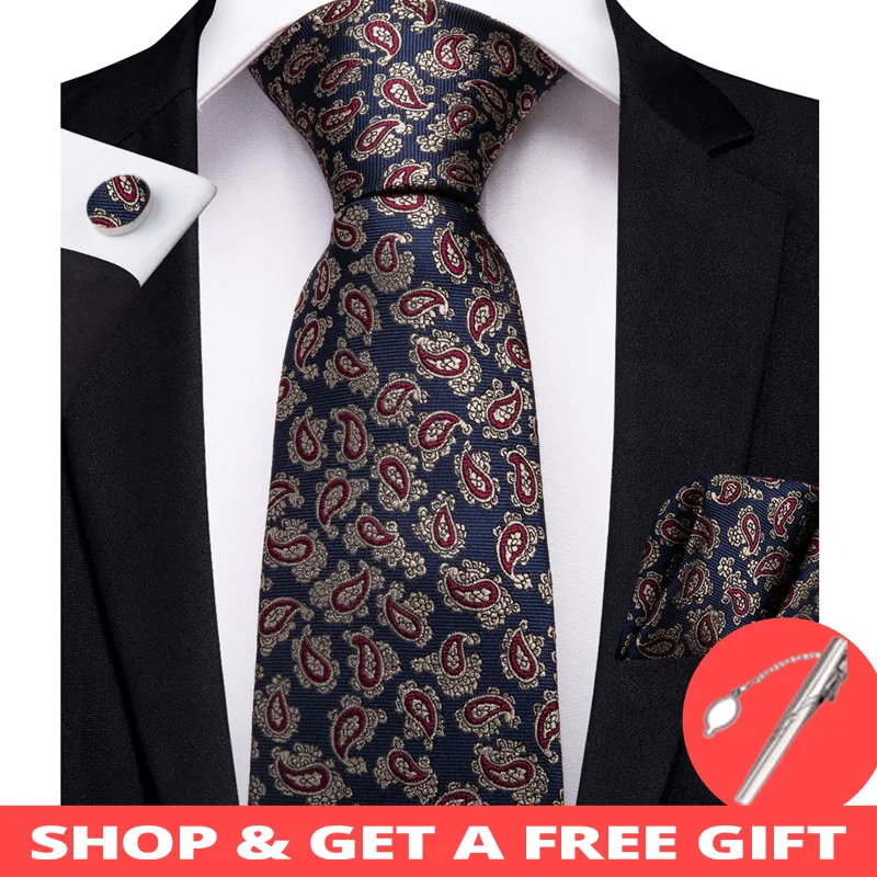 DiBanGu Роскошный Синий Красный Пейсли мужской подарок зажим для галстука 8 см широкая шея галстук Hanky запонки галстук свадебный бизнес галстук набор MJ-7209