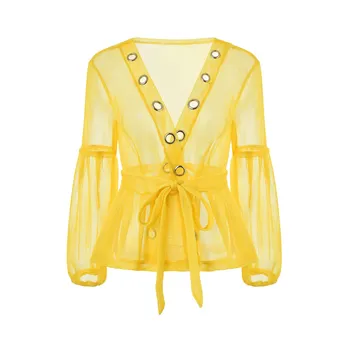 

Sexy Deep V-Neck Lantern Sleeve Mesh Hollow Out Blouse Streetwear Women Fashion Solid Belt Ruffles Loose Shirt