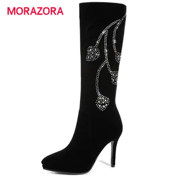 

MORAZORA big size fashion crystal knee high boots pointed toe super high heel women boots autumn winter zipper platform boots