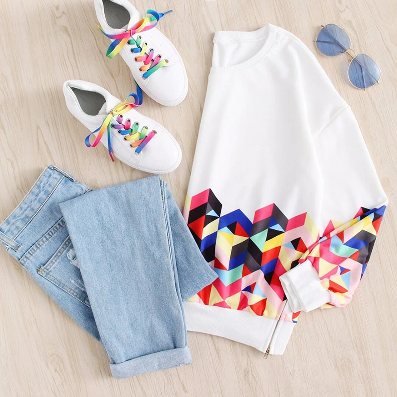 Dotfashion толстовка с геометрическим принтом на молнии, с боковыми спущенными плечами,, женский белый топ с круглым вырезом, осенняя Толстовка с длинным рукавом