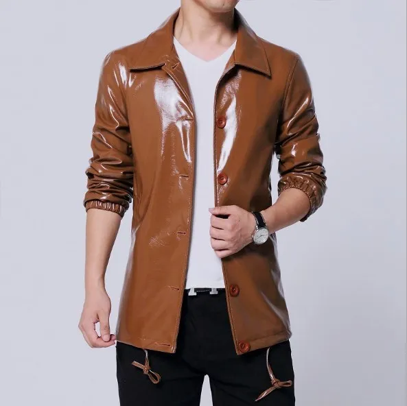 Mens Spring Autumn Bright Pu Leather Long Jackets and Coats Plus Size