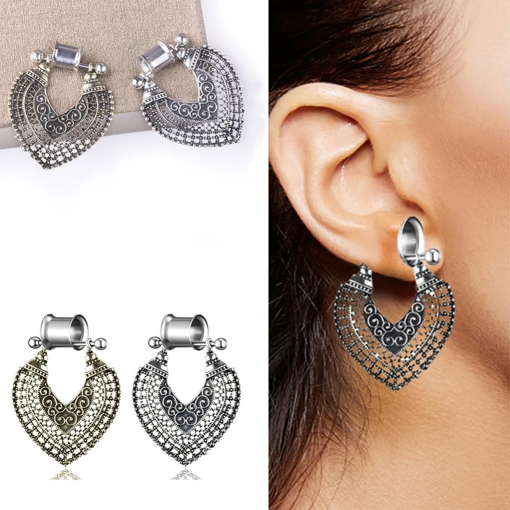 1 PC 6-25mm Vintage Hollow Flower Double Horn Earrings Stainless Steel Pendant Fake Ear Plugs Expansion Body Piercing Jewelry