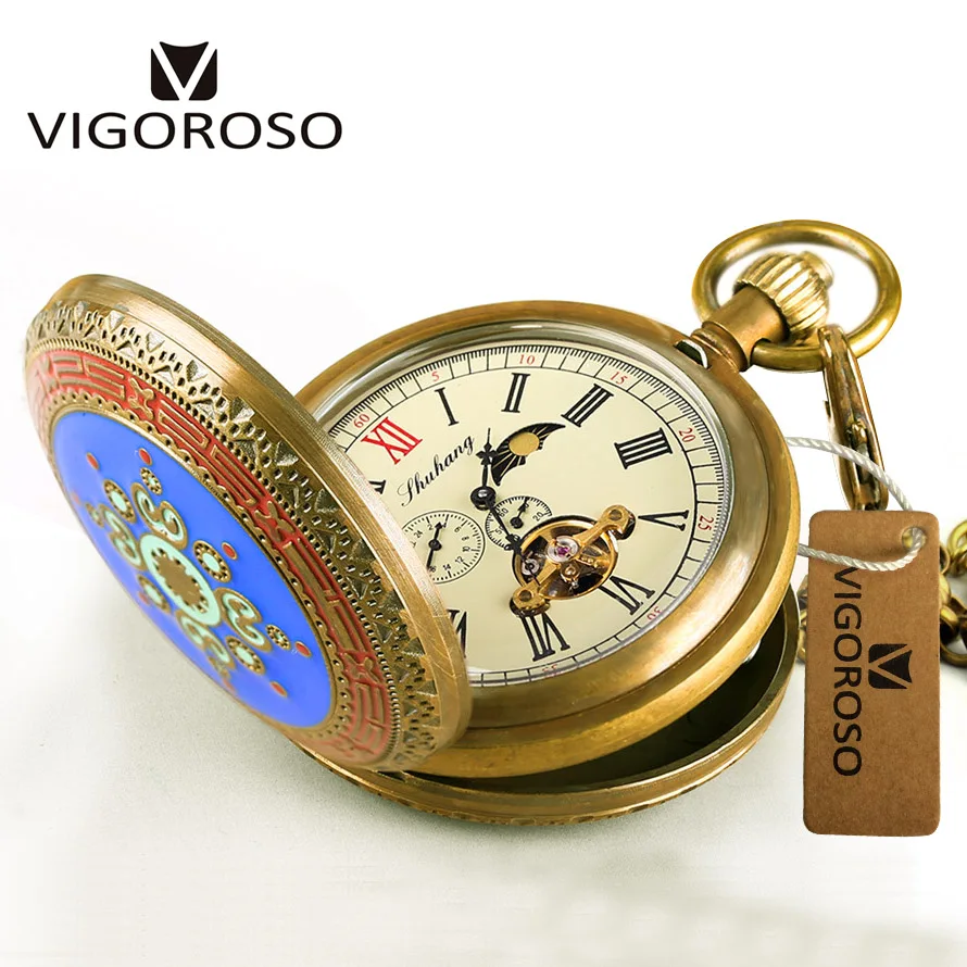 

Retro Antique Vintage Pure Copper Mechanical Pocket Watch Double Hunter Tourbillon Pocket Watch reloj Fob Watch Luxury Men W/box