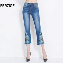 FERZIGE/модные женские джинсы; летние тонкие расклешенные брюки с дырочками; облегающие узкие брюки с цветочной вышивкой; плиссированные потертые джинсовые брюки