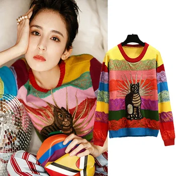 

Spring Animal Cat Embroidery Women Sweater Lace Rainbow Striped High Street Runway Knitted Pullovers Tops Pull Femme TZ7308