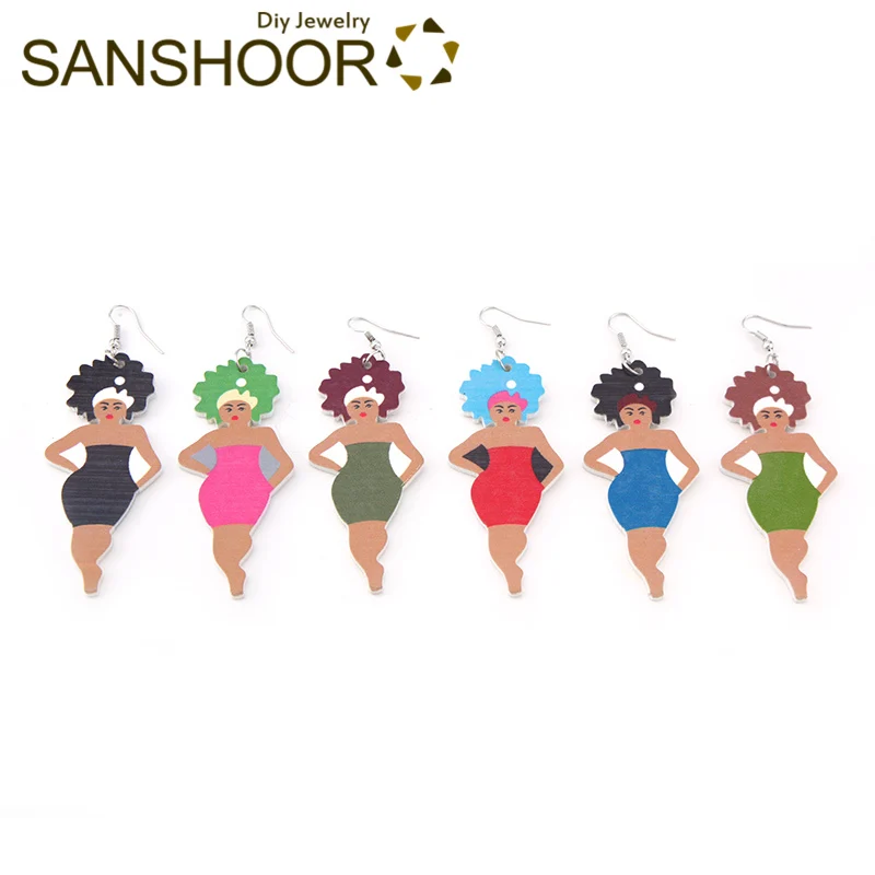 

SANSHOOR Afro Woman Hair Sisters Wooden Earrings Afrocentric Painted Ethnic Jewelry 6 Colors As Christmas Gifts For Women 6Pair