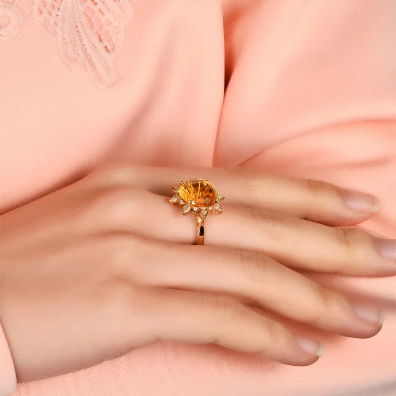 Обручальное кольцо в форме солнца, цитрин, 12 мм, Круглый, 7.05ct, цитрин, 14 K, желтое золото