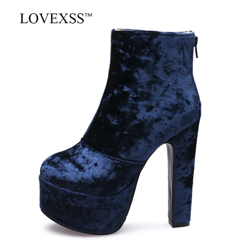 

LOVEXSS Woman 14 CM Greenl Zipper Ankle Boots Autumn Winter Round Toe Ankle Boots Plus Size 33 43 Black High Heeled Shoes 2018
