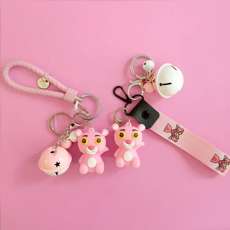 

2019 Lovely Pink Panther Keychain Handwork Leather Rope Holder Metal Bell Leopard Keyring Handbag Kids Schoolbag Pendant