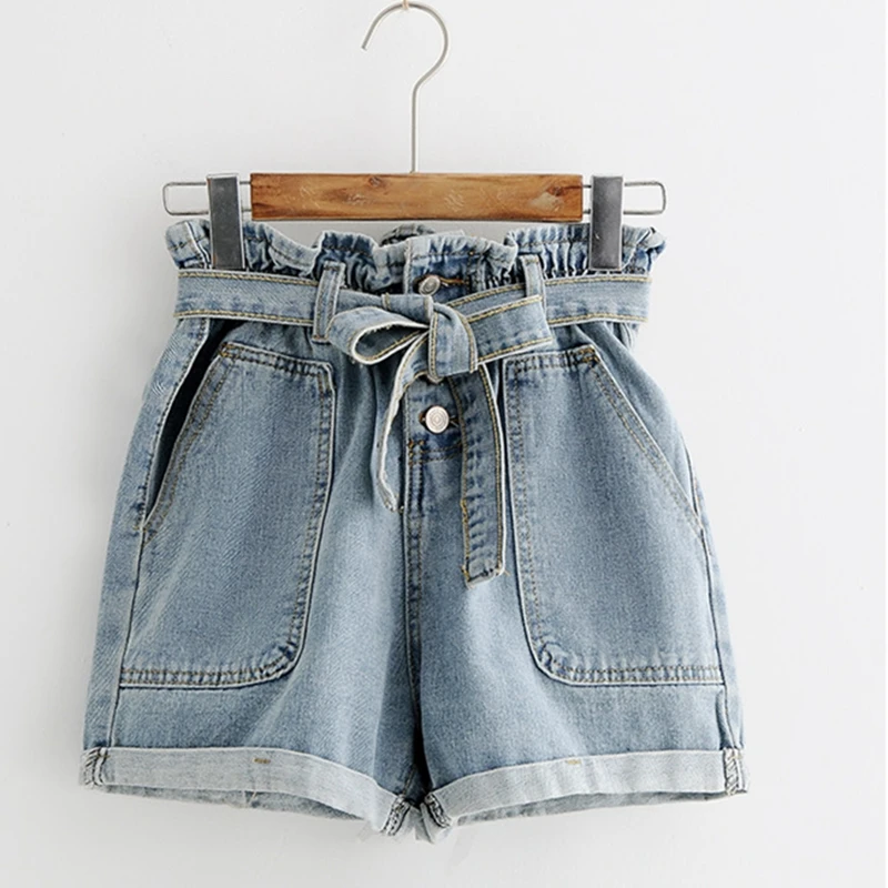 

2019 New Summer Fashion Elastic High Waist Denim Shorts Women Casual Sashes Wide Legs Shorts Slim Loose All-Match Shorts Famale
