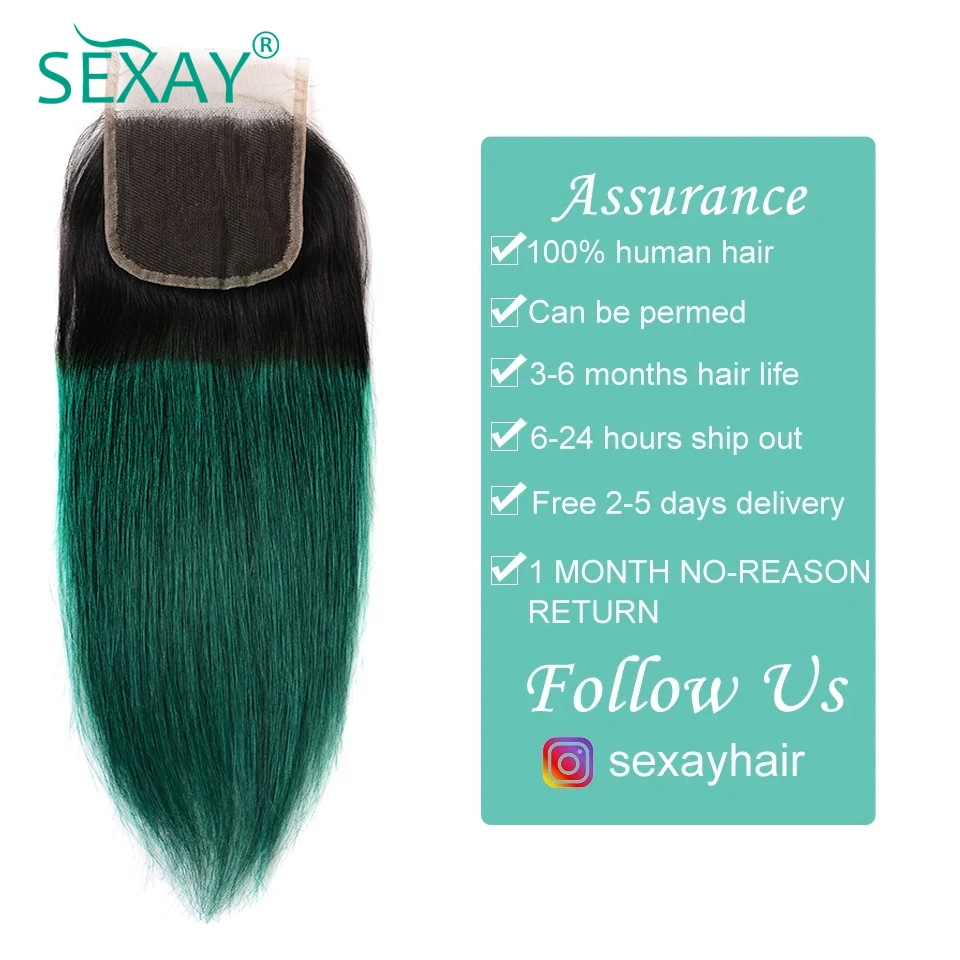  Sexay 4*4 Lace Closure Brazilian Straight Hair Two Tone Ombre Color Hair 1B/Green Human Hair Lace C