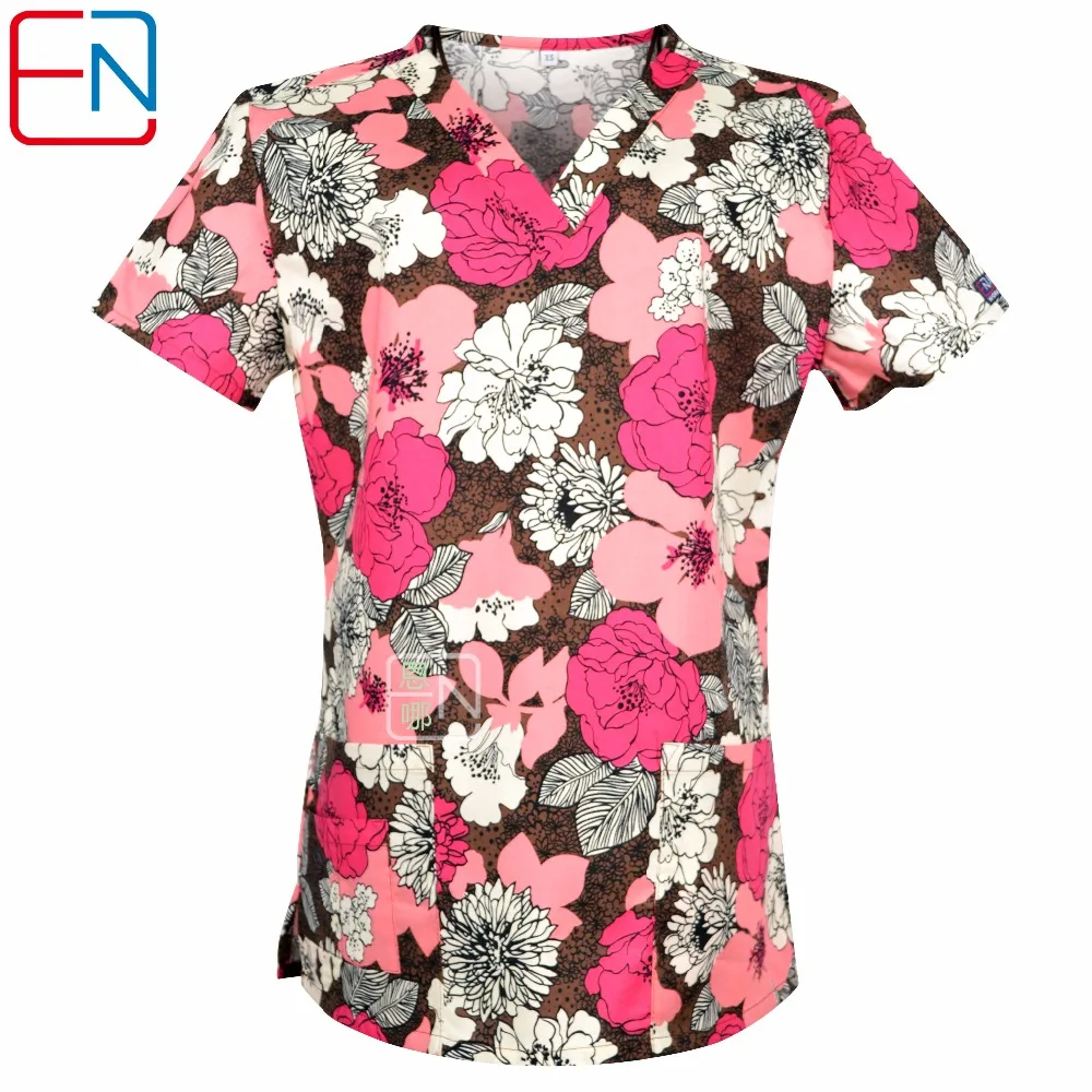 0104 Hennar Women Medical Scrub Top V Neck 100 Cotton Print Medical