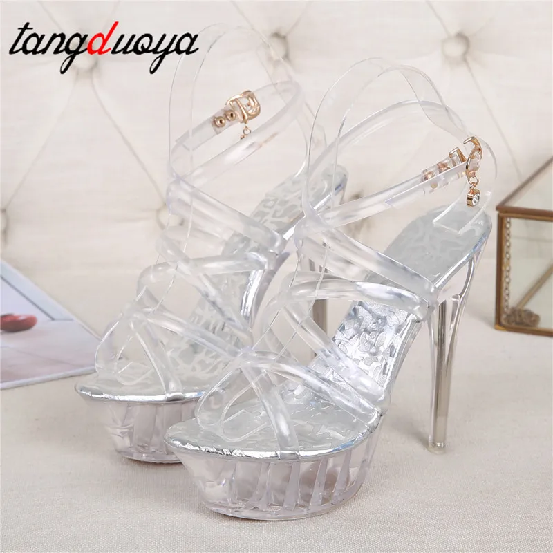 Cena Striptizerka obcasy przezroczysty pvc kobiety sandały przezroczysty kryształ wysokie obcasy sandały na platformie z wystającym palcem wysokie buty striptizerka kobiet size43