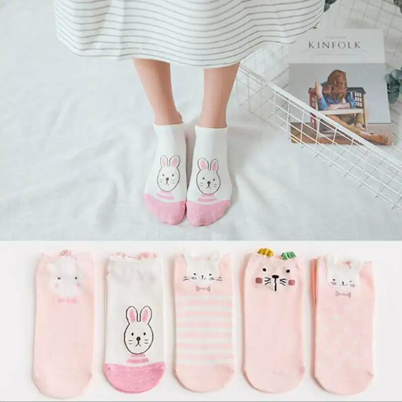 Harajuku/5 пар/лот, носки с ушками животных, женские хлопковые короткие носки, короткие Носки с рисунком единорога, кошки, лисы для девушек, skarpetki - Цвет: pink rabbit