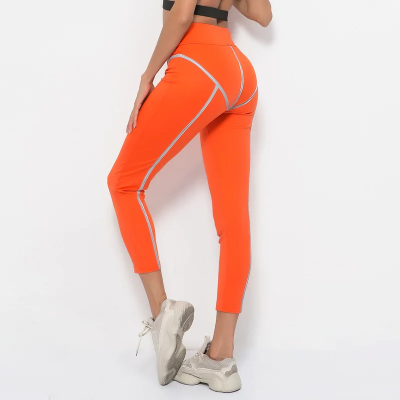 

2019 Reflective Strip Yoga Pants Push Up Gym Leggings Dry Fit Leggins Sport Women Fitness Orange Black Jogging Tights Woman New