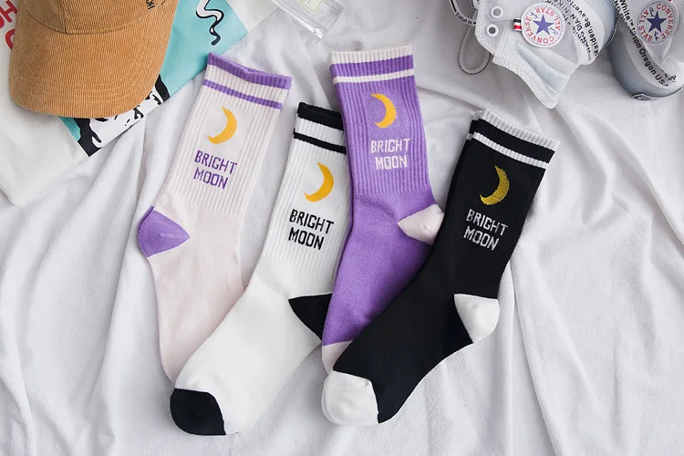 Men Women Harajuku Hip Hop Autumn Elastic Rib Trim Long Crew Socks New Moon Letters Stripes Printed Couples Cotton Tube Hosiery